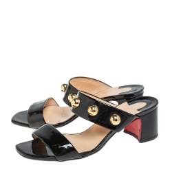 Pre Owned Christian Louboutin Black Patent Leather Simple Bille Studded Sandals Size 38.5
