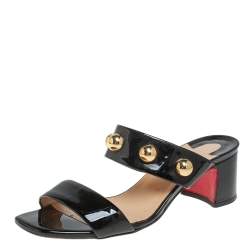 Pre Owned Christian Louboutin Black Patent Leather Simple Bille Studded Sandals Size 38.5