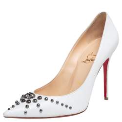 Pre Owned Christian Louboutin White Leather Door Knock Studded Pumps Size 38