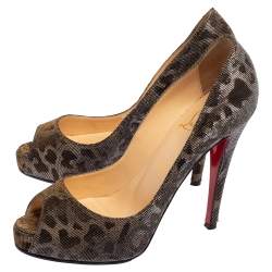 Christian Louboutin Metallic Silever/Brown Leopard Print Fabric Very Prive Peep Toe Pumps Size 38