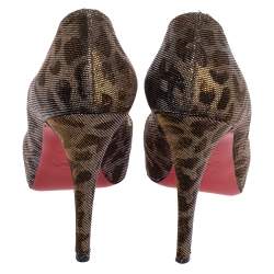 Christian Louboutin Metallic Silever/Brown Leopard Print Fabric Very Prive Peep Toe Pumps Size 38