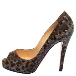 Christian Louboutin Metallic Silever/Brown Leopard Print Fabric Very Prive Peep Toe Pumps Size 38