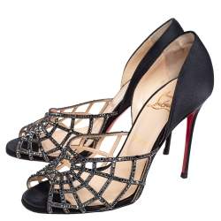 Pre Owned Christian Louboutin Black Satin And Leather Embellishment Pumps Size 38