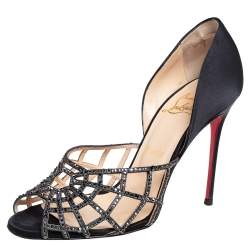 Pre Owned Christian Louboutin Black Satin And Leather Embellishment Pumps Size 38