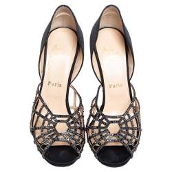Pre Owned Christian Louboutin Black Satin And Leather Embellishment Pumps Size 38