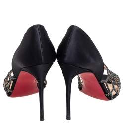 Pre Owned Christian Louboutin Black Satin And Leather Embellishment Pumps Size 38