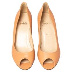 Christian Louboutin Peach Leather Peep Toe Wedge Pumps Size 38.5