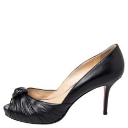 Pre Owned Christian Louboutin Black Leather Knot Peep Toe Pumps Size 39