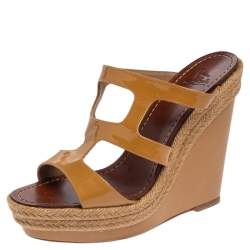 Pre Owned Christian Louboutin Beige Patent Leather Bilbao Wedge Sandals Size 39