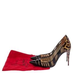 Pre Owned Christian Louboutin Black/Brown Animal Print Patent Leather and Mesh Bandy Pointed Toe Pumps Size 40