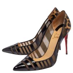 Pre Owned Christian Louboutin Black/Brown Animal Print Patent Leather and Mesh Bandy Pointed Toe Pumps Size 40