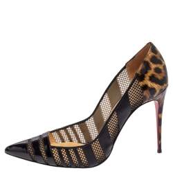 Pre Owned Christian Louboutin Black/Brown Animal Print Patent Leather and Mesh Bandy Pointed Toe Pumps Size 40