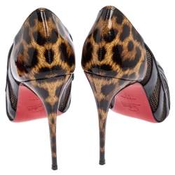Pre Owned Christian Louboutin Black/Brown Animal Print Patent Leather and Mesh Bandy Pointed Toe Pumps Size 40