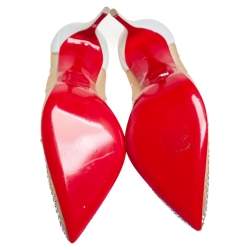 Pre Owned Christian Louboutin White/Beige Crystal Embellished Net And Leather Follies Strass Pumps Size 38.5