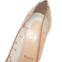 Pre Owned Christian Louboutin White/Beige Crystal Embellished Net And Leather Follies Strass Pumps Size 38.5
