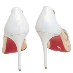 Pre Owned Christian Louboutin White/Beige Crystal Embellished Net And Leather Follies Strass Pumps Size 38.5