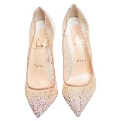 Pre Owned Christian Louboutin White/Beige Crystal Embellished Net And Leather Follies Strass Pumps Size 38.5