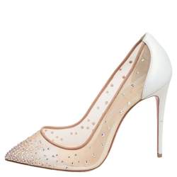 Pre Owned Christian Louboutin White/Beige Crystal Embellished Net And Leather Follies Strass Pumps Size 38.5