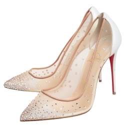 Pre Owned Christian Louboutin White/Beige Crystal Embellished Net And Leather Follies Strass Pumps Size 38.5