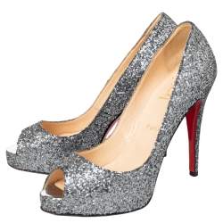 Pre Owned Christian Louboutin Metallic Grey Glitter Very Prive Peep Toe Pumps Size 40