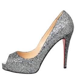 Pre Owned Christian Louboutin Metallic Grey Glitter Very Prive Peep Toe Pumps Size 40