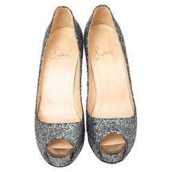 Pre Owned Christian Louboutin Metallic Grey Glitter Very Prive Peep Toe Pumps Size 40