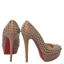 Pre Owned Christian Louboutin Beige Leather Bianca Spikes Platform Pumps Size 39