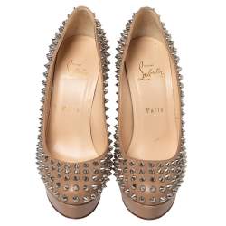Pre Owned Christian Louboutin Beige Leather Bianca Spikes Platform Pumps Size 39