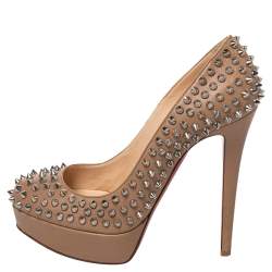Pre Owned Christian Louboutin Beige Leather Bianca Spikes Platform Pumps Size 39