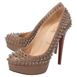 Pre Owned Christian Louboutin Beige Leather Bianca Spikes Platform Pumps Size 39