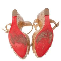 Christian Louboutin Beige Patent Leather Marina Cork Wedge Platform Sandals Size 38