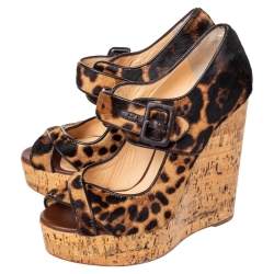 Christian Louboutin Brown Leopard Print Pony Hair Melides Cork Wedge Sandals Size 38.5
