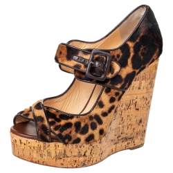 Christian Louboutin Brown Leopard Print Pony Hair Melides Cork Wedge Sandals Size 38.5