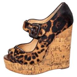 Christian Louboutin Brown Leopard Print Pony Hair Melides Cork Wedge Sandals Size 38.5