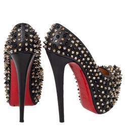 Pre Owned Christian Louboutin Black Leather Spiked Daffodile Platform Pumps Size 38