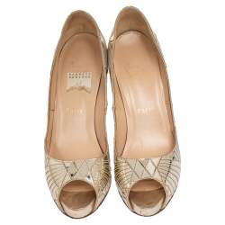 Pre Owned Christian Louboutin Metallic Gold Leather Very Galaxy Mirrored Art Deco Peep Toe Pumps Size 39