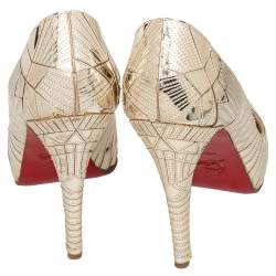 Pre Owned Christian Louboutin Metallic Gold Leather Very Galaxy Mirrored Art Deco Peep Toe Pumps Size 39