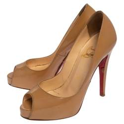 Christian Louboutin Beige Patent Leather Very Prive Peep Toe Pumps Size 35.5