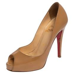 Christian Louboutin Beige Patent Leather Very Prive Peep Toe Pumps Size 35.5