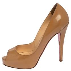 Christian Louboutin Beige Patent Leather Very Prive Peep Toe Pumps Size 35.5