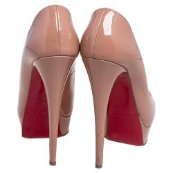 Pre Owned Christian Louboutin Beige Patent Leather Lady Peep Toe Platform Pumps Size 38