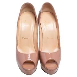 Pre Owned Christian Louboutin Beige Patent Leather Lady Peep Toe Platform Pumps Size 38