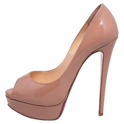 Pre Owned Christian Louboutin Beige Patent Leather Lady Peep Toe Platform Pumps Size 38