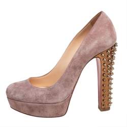 Pre Owned Christian Louboutin Beige Suede Spiked Platform Pumps Size 37