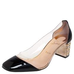 Pre Owned Christian Louboutin Black Patent Leather and PVC Gallica 55 Block Heel Pumps Size 41