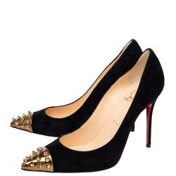 Pre Owned Christian Louboutin Black Suede And Patent Leather Geo Pumps Size 37