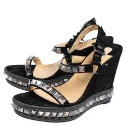 Pre Owned Christian Louboutin Metallic Black Suede Studded Cataclou Espadrille Wedge Sandals Size 39