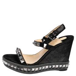 Pre Owned Christian Louboutin Metallic Black Suede Studded Cataclou Espadrille Wedge Sandals Size 39