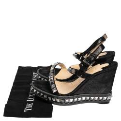 Pre Owned Christian Louboutin Metallic Black Suede Studded Cataclou Espadrille Wedge Sandals Size 39