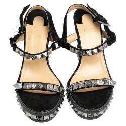 Pre Owned Christian Louboutin Metallic Black Suede Studded Cataclou Espadrille Wedge Sandals Size 39